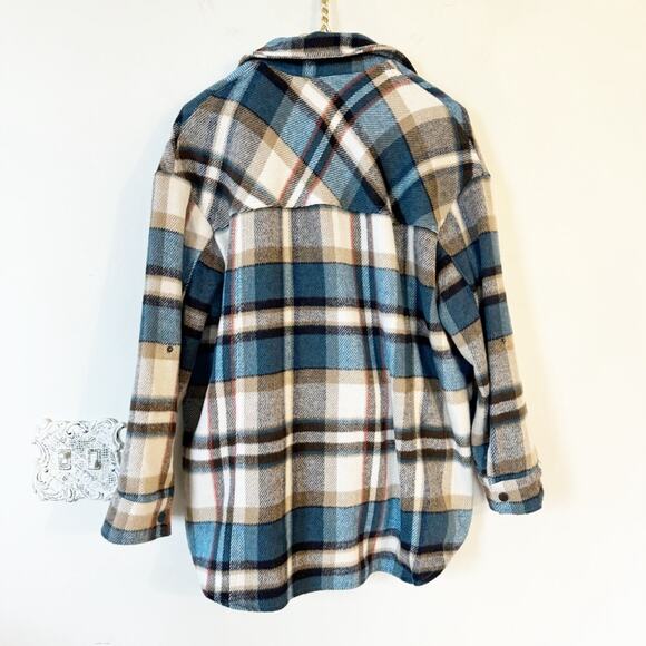 Zara Blue and Brown Plaid Fleece Roll Tab Sleeve Shacket Shirt Jacket M - Picture 4 of 9